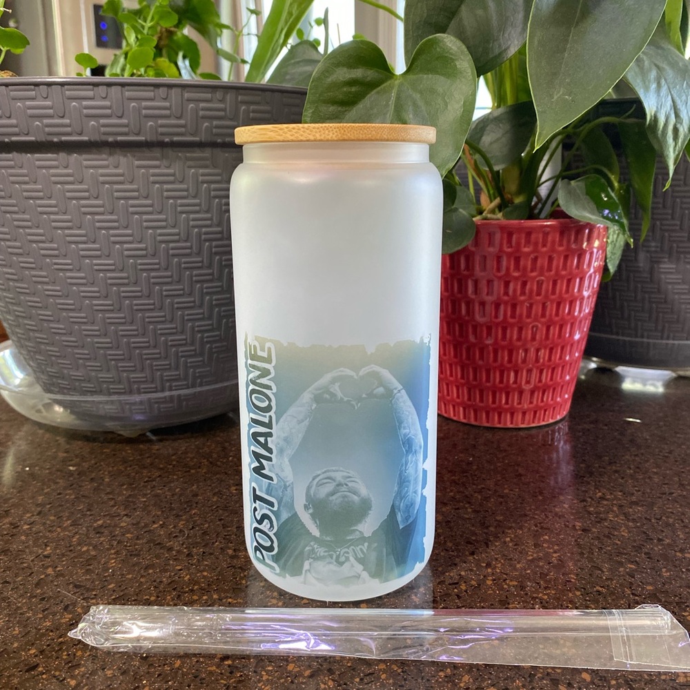 Post Malone Frosted Glass Can Cooler Cup with Bamboo Lid and Straw